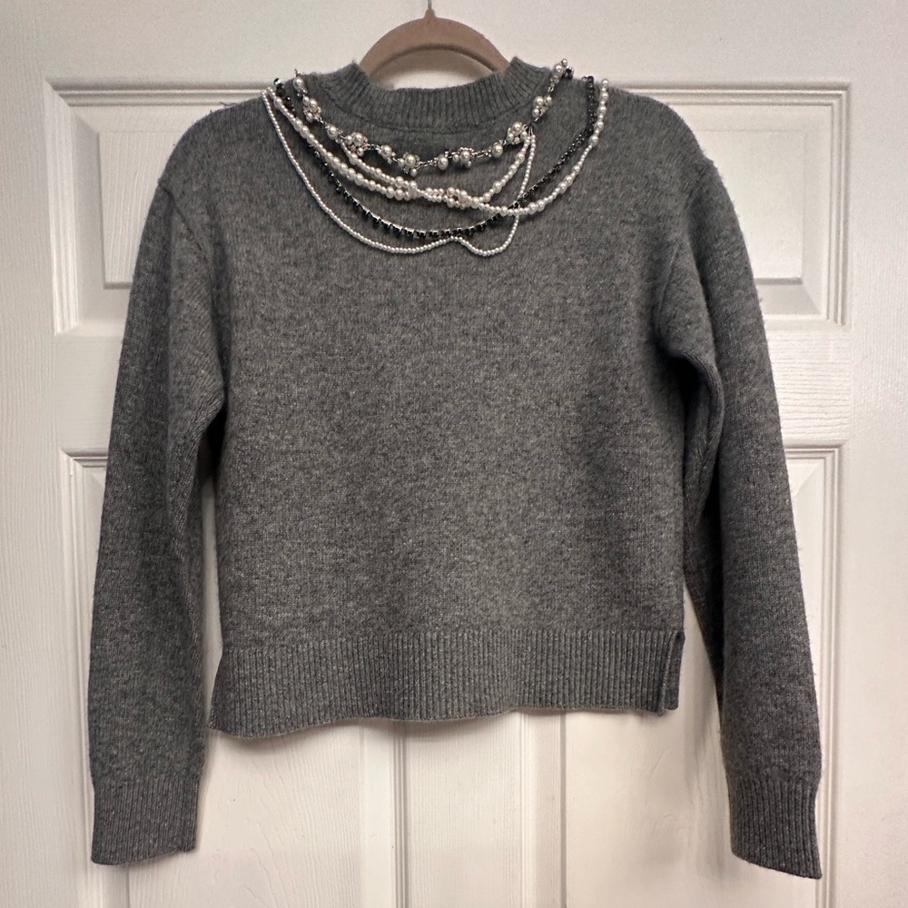 CINQ À SEPT Lilliana Necklace Detail Wool Blend Pullover Sweater in Grey - Picture 4 of 7